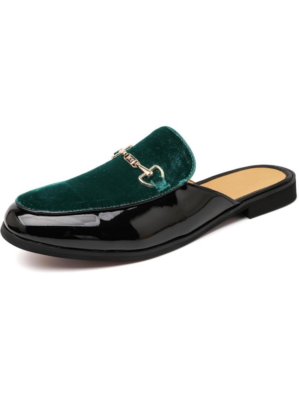 Men's Green Rubber Velvet Patent Leather Gold Buckle Slip On Loafer Slippers